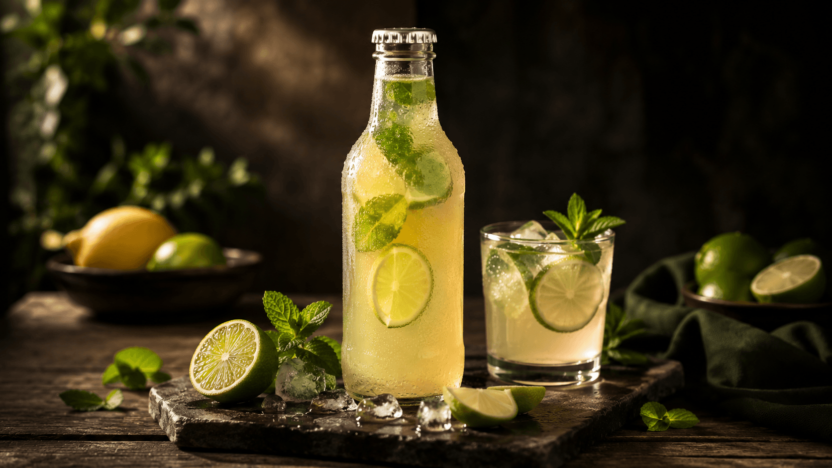 Cold lime drink arranged for a polished commercial product shoot
