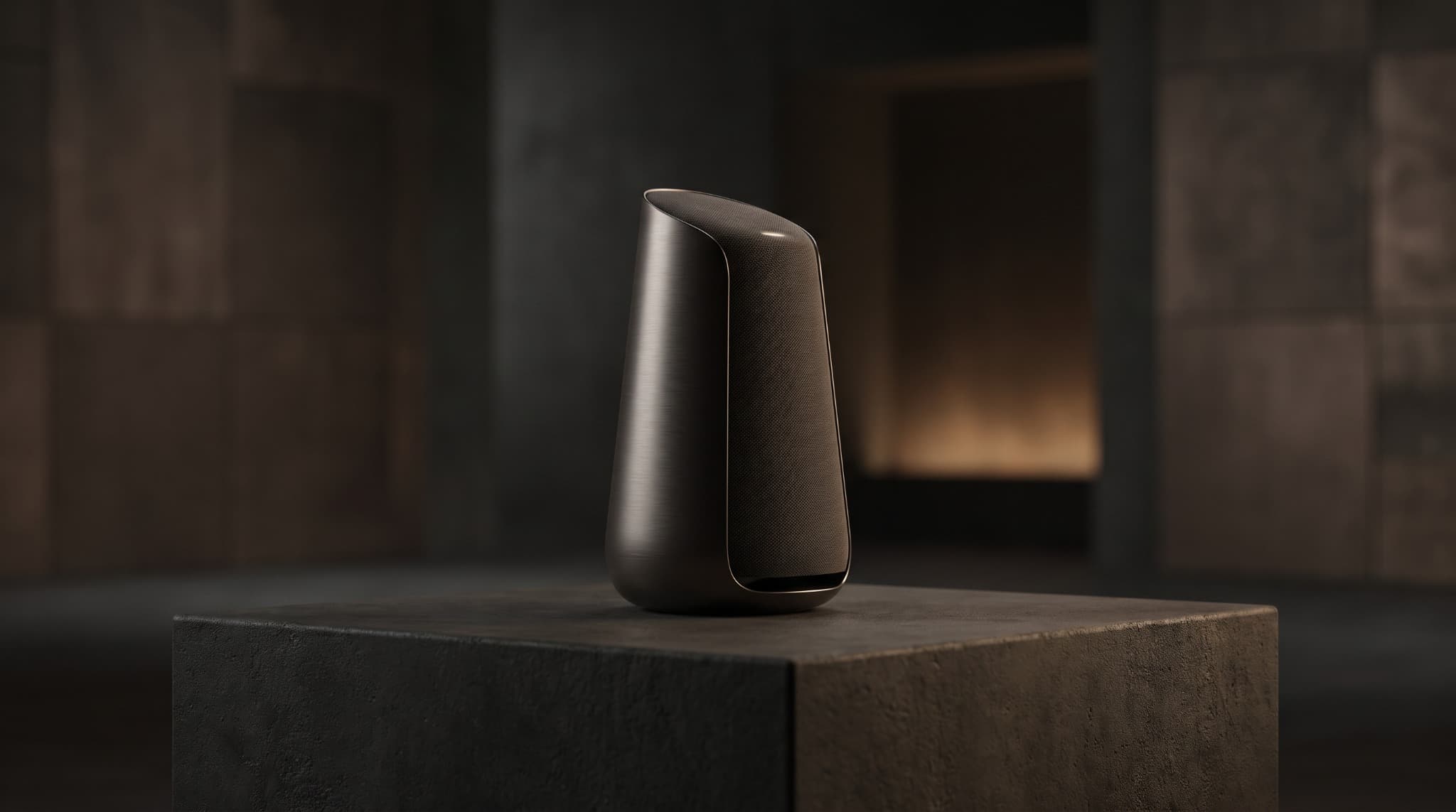 Sculptural black speaker staged for a premium product film