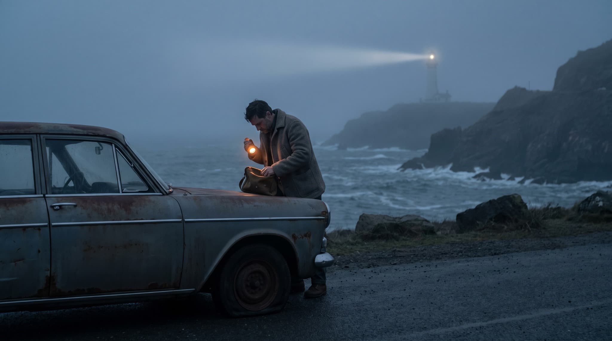 Man searching a bag beside a vintage car on a stormy coast