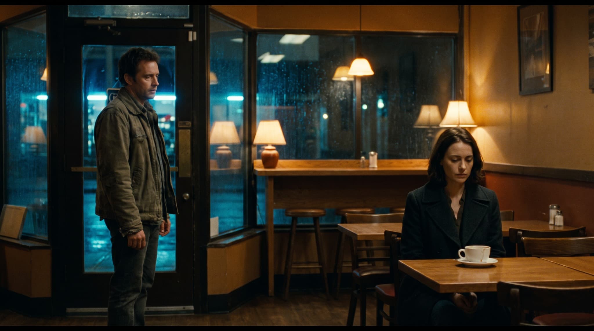 Two characters separated inside a rain-lit roadside cafe